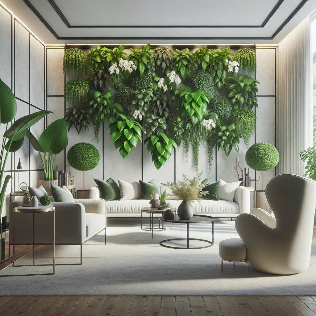 Here is an engaging image of a wall covered in lush, green philodendrons, set in a stylish living room setting to inspire readers.