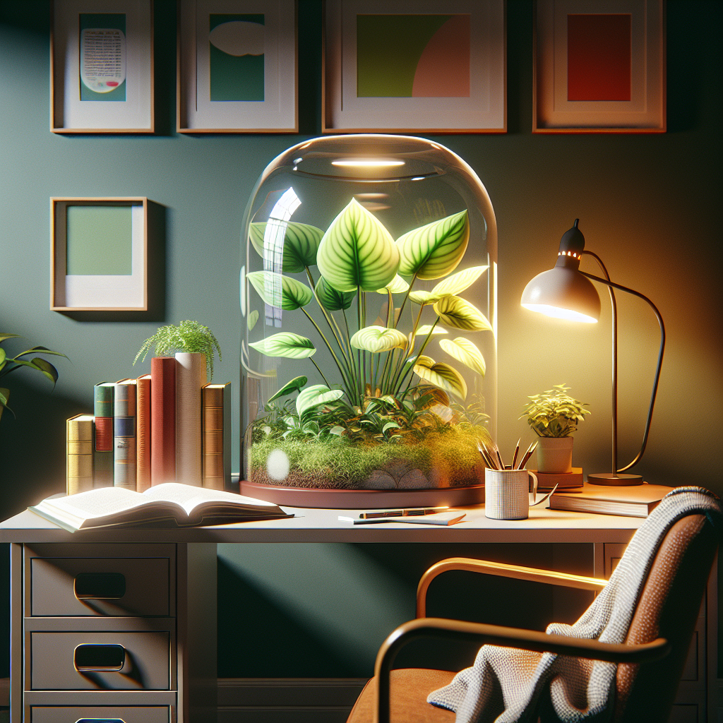 Finally, here is an image of a terrarium filled with small philodendrons and other humidity-loving plants, set in a cozy reading nook or office desk to show how it can add a touch of greenery to any space.