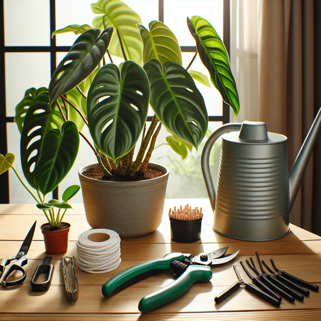 This image provides a visual representation of the necessary tools and supplies for pruning Philodendrons, which can be a helpful guide for those who are new to plant care or looking to maintain their Philodendrons.
