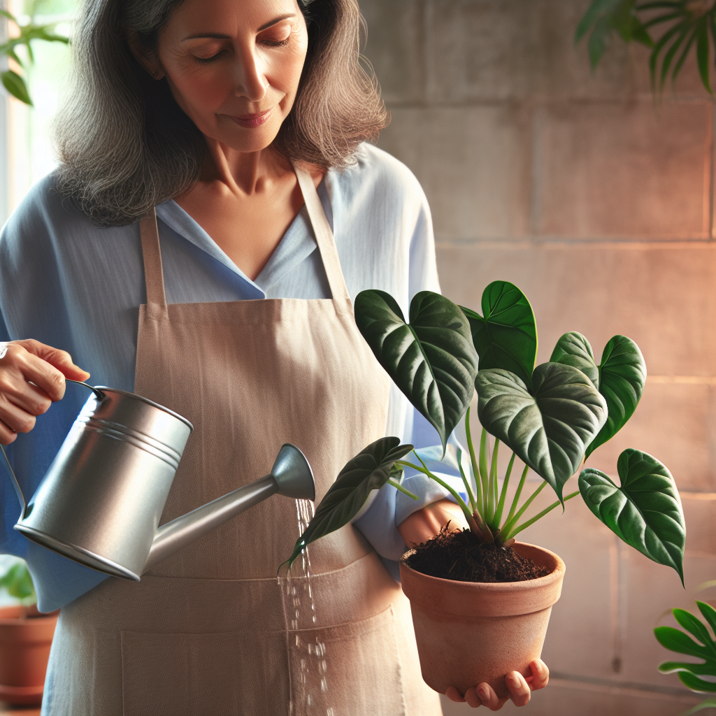 This image depicts the process of watering a philodendron plant when the top inch of soil feels dry. It provides a practical example of how to properly water the plant.