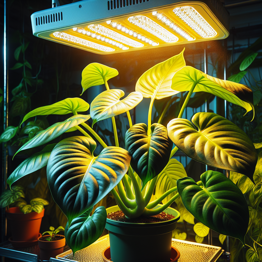 This image showcases the use of supplemental grow lights, which can be beneficial for indoor plants like Philodendron. These lights can provide the necessary spectrum of light that plants need for photosynthesis, especially in indoor settings where natural sunlight may be limited.