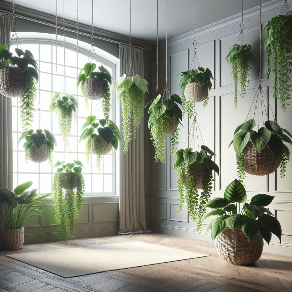 This image showcases a hanging basket filled with trailing philodendrons, set against a window to enhance natural light.