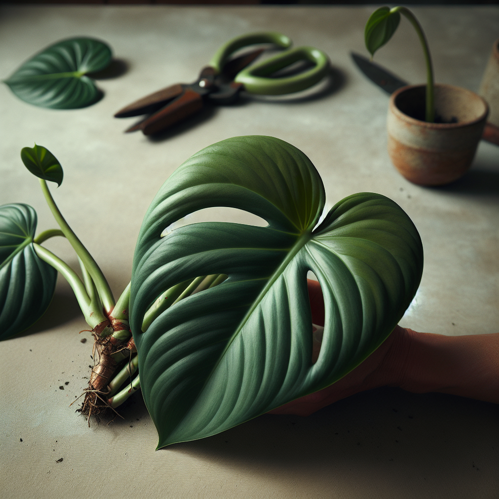 Philodendrons are popular houseplants due to their attractive foliage and easy care requirements. Stem cuttings are a common method used to propagate these plants. This image showcases a Philodendron stem cutting, which can be planted in soil or water to grow a new plant.