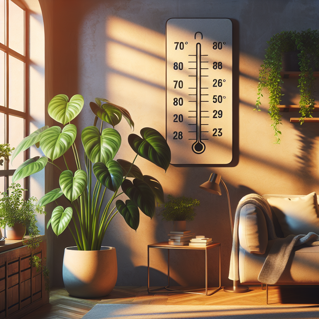 This image represents a philodendron plant in a room with a temperature between 70-80°F (21-27°C). It helps readers understand the optimal temperature range for the plant's health and growth.