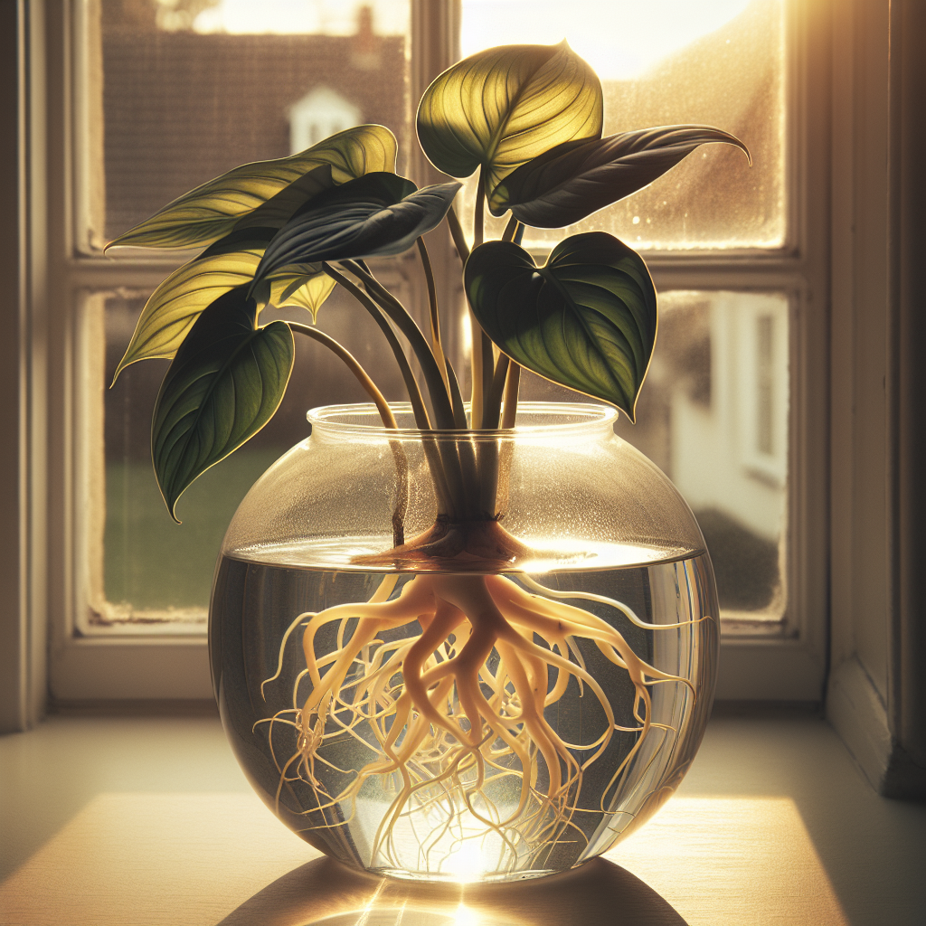 This image shows a philodendron cutting growing roots in a clear glass vase, set on a windowsill or table to show how it can be a decorative element.