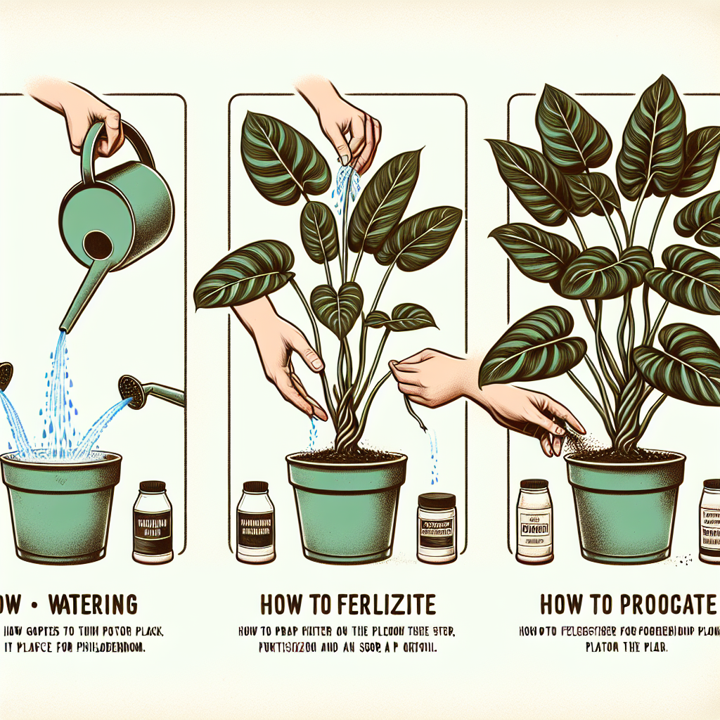 This image provides a step-by-step guide on how to properly care for a Philodendron plant, including watering, fertilizing, and propagation techniques. It's designed to be engaging and easy to understand, making plant care more accessible for everyone.