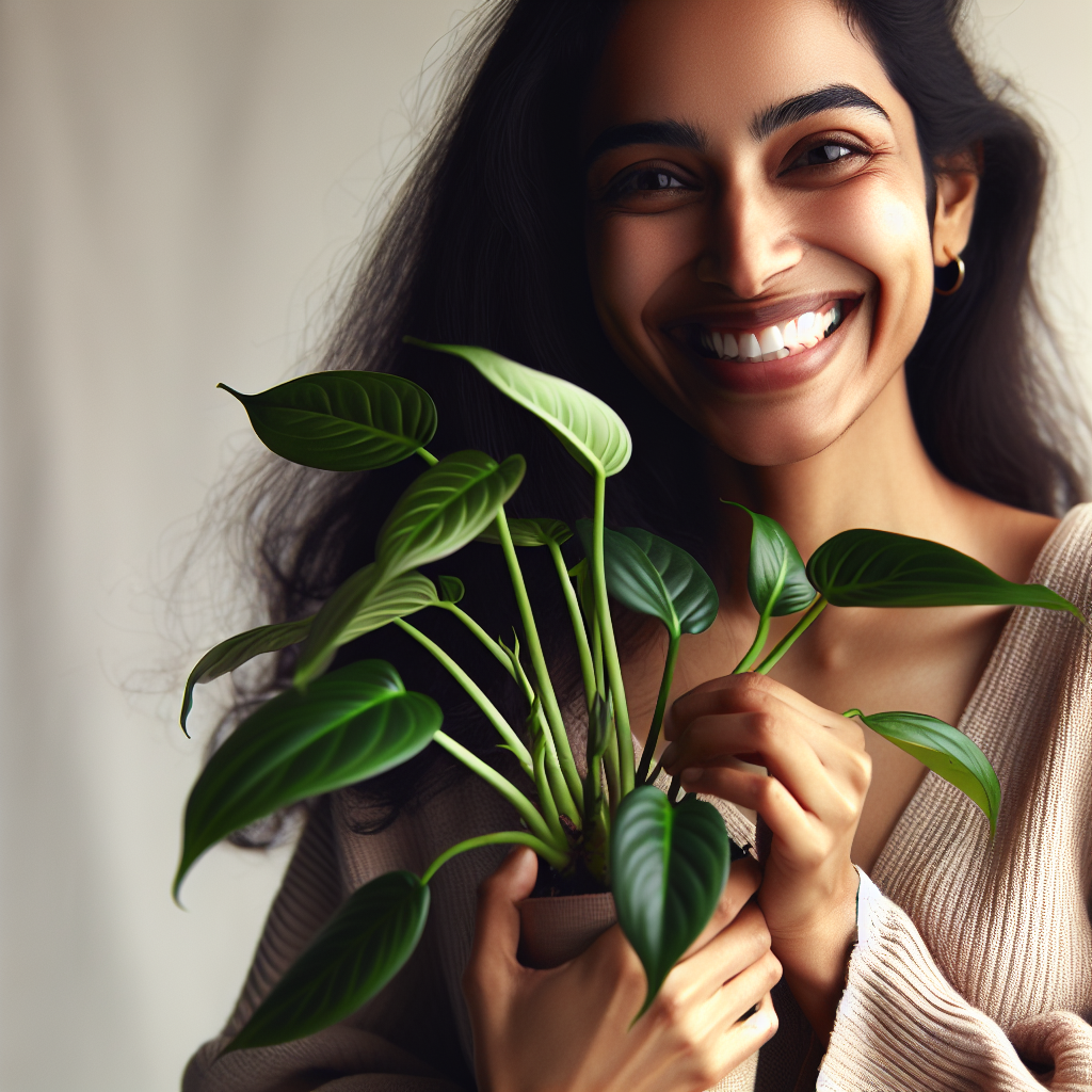 This image captures the joy of gardening and the beauty of Philodendron plants. The person in the image appears to be delighted with their Philodendron cuttings, which are vibrant and healthy. This image can be used to promote the benefits of indoor gardening, the joy of plant care, or the specific appeal of Philodendron plants.