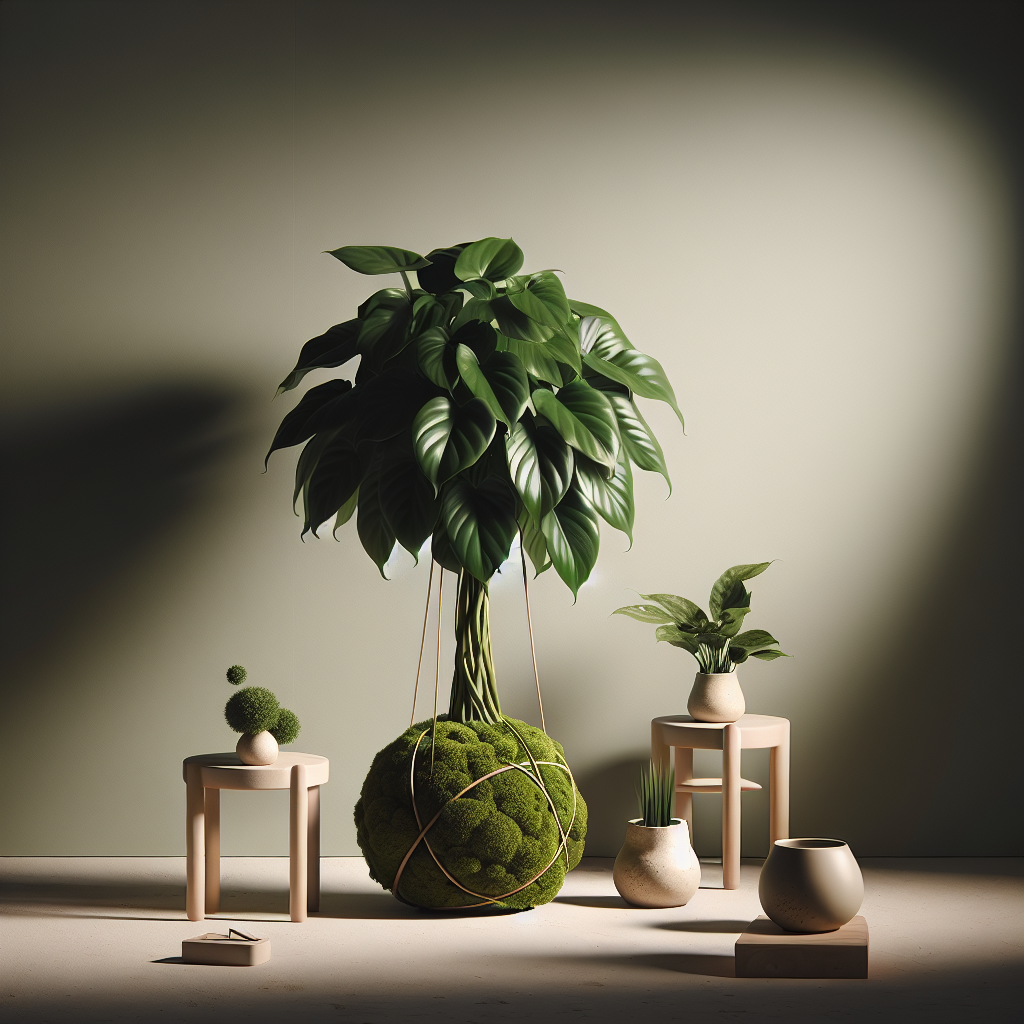 This image is a close-up of a philodendron kokedama, showing the moss ball and the plant's roots, set in a minimalist setting to highlight the plant.