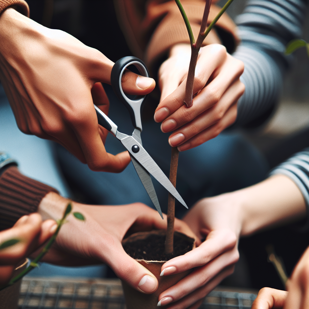 This image depicts hands using clean, sharp scissors to take a cutting. It's a clear representation of the action, showing the precision and care involved in the process. The image can be used in various contexts, such as gardening guides, DIY tutorials, or any content related to plant propagation.