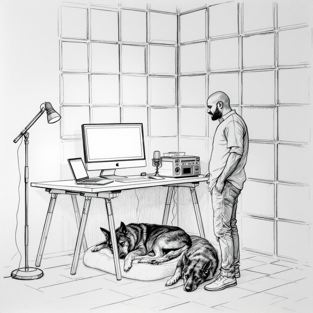 Image of a man and his dogs in a studio. AI generated image on you.com