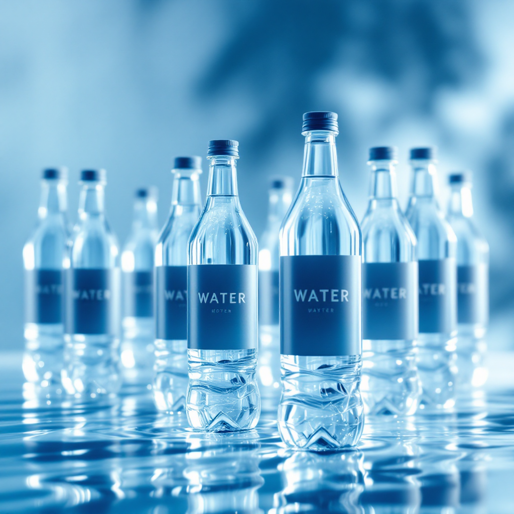 Collection of custom labeled water bottles for a high-end restaurant showing elegant branded design with logo and minimalist aesthetics
